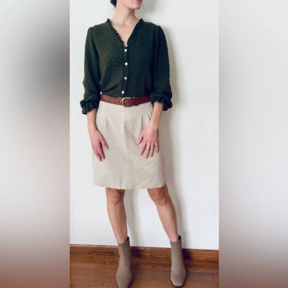 Linen & Cotton Paul Harris Short Pencil Skirt Sz 10 Tan Beige Cream Lined - Picture 2 of 10